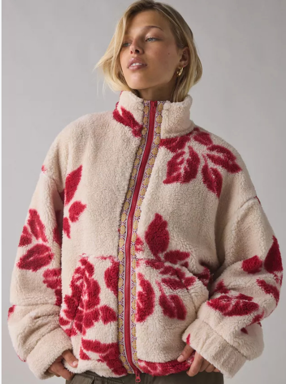 Urban Outfitters BDG Mae Printed Piled Fleece Zip-Up Jacket Large
